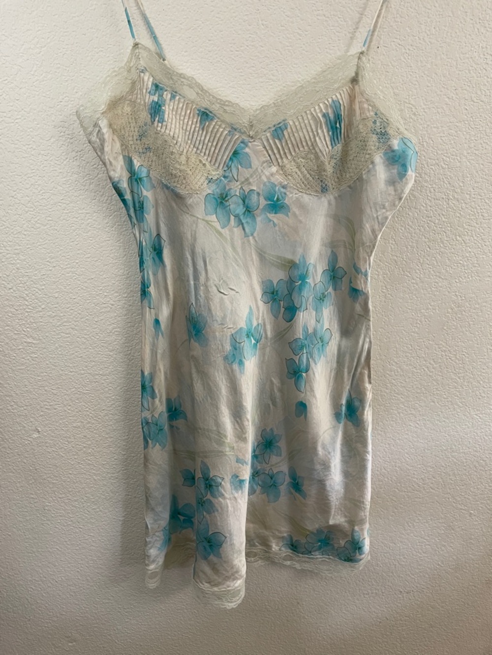 Valerie Stevens 100% silk Cream Slip dress Blue Floral lace y2k coquette sexy L